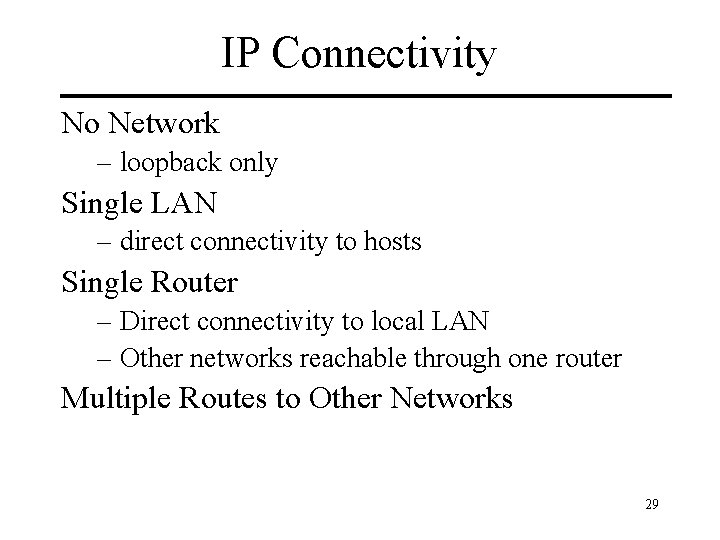 IP Connectivity No Network – loopback only Single LAN – direct connectivity to hosts