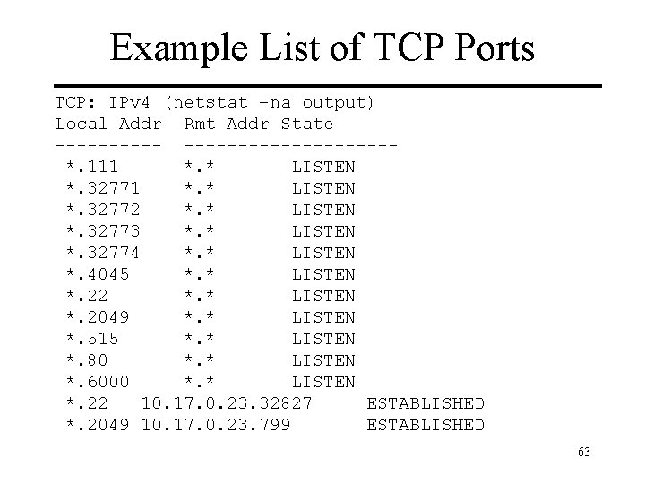 Example List of TCP Ports TCP: IPv 4 (netstat –na output) Local Addr Rmt