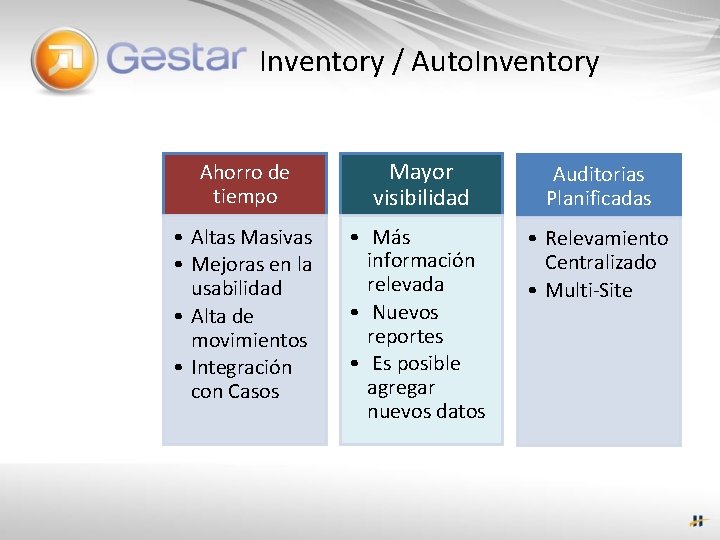 Inventory / Auto. Inventory Ahorro de tiempo Mayor visibilidad Auditorias Planificadas • Altas Masivas