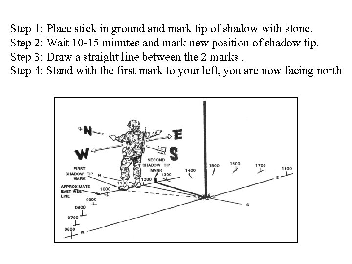 Step 1: Place stick in ground and mark tip of shadow with stone. Step