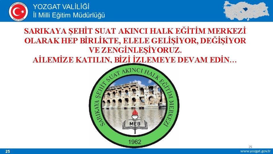 SARIKAYA ŞEHİT SUAT AKINCI HALK EĞİTİM MERKEZİ OLARAK HEP BİRLİKTE, ELELE GELİŞİYOR, DEĞİŞİYOR VE