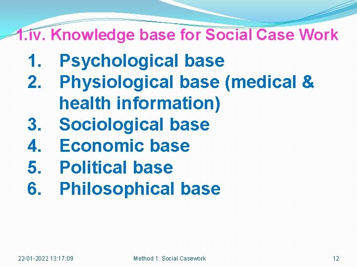 1. iv. Knowledge base for Social Case Work 1. Psychological base 2. Physiological base