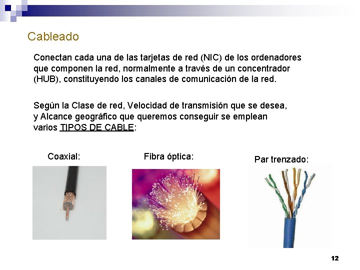 Cableado Conectan cada una de las tarjetas de red (NIC) de los ordenadores que