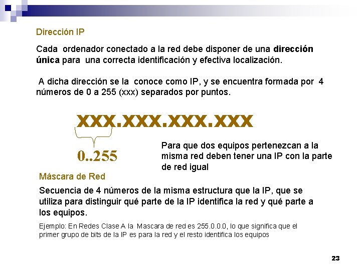 Dirección IP Cada ordenador conectado a la red debe disponer de una dirección única