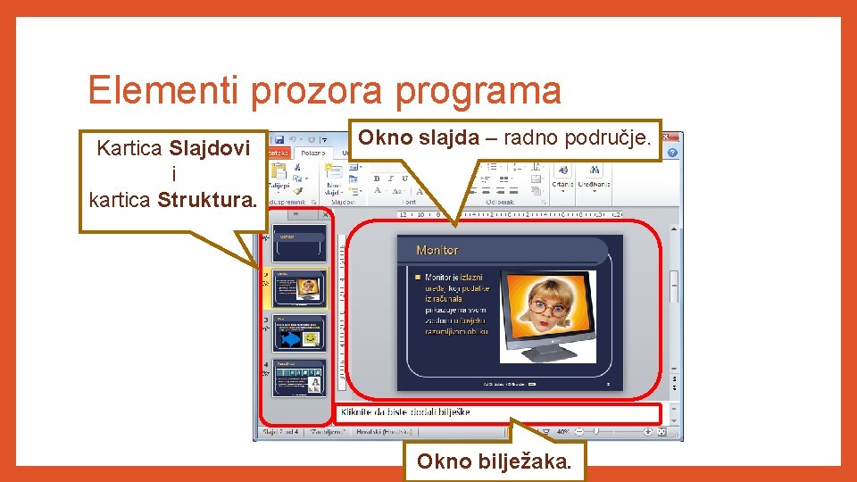 Elementi prozora programa Kartica Slajdovi i kartica Struktura. Okno slajda – radno područje. Okno