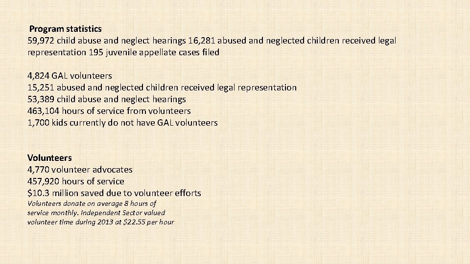 Program statistics 59, 972 child abuse and neglect hearings 16, 281 abused and neglected