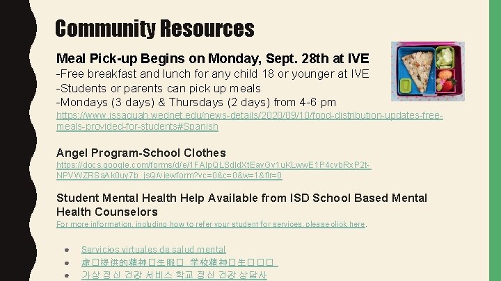 Community Resources Meal Pick-up Begins on Monday, Sept. 28 th at IVE -Free breakfast