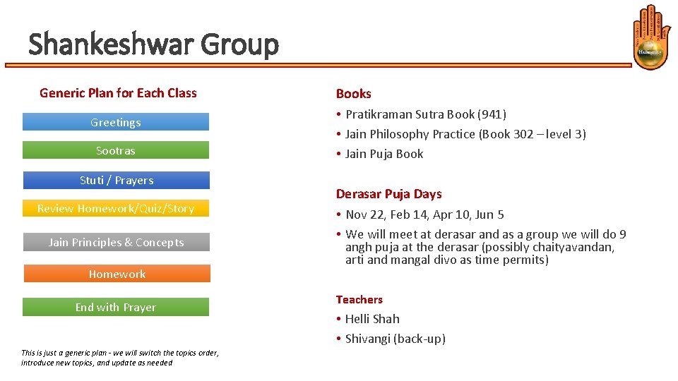 Shankeshwar Group Generic Plan for Each Class Greetings Sootras Stuti / Prayers Review Homework/Quiz/Story