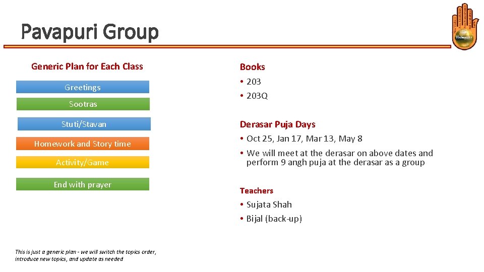 Pavapuri Group Generic Plan for Each Class Greetings Sootras Stuti/Stavan Homework and Story time