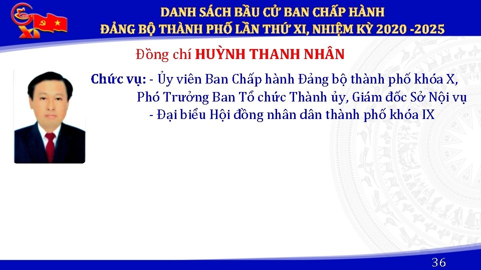 Đồng chí HUỲNH THANH NH N Chức vụ: - Ủy viên Ban Chấp hành