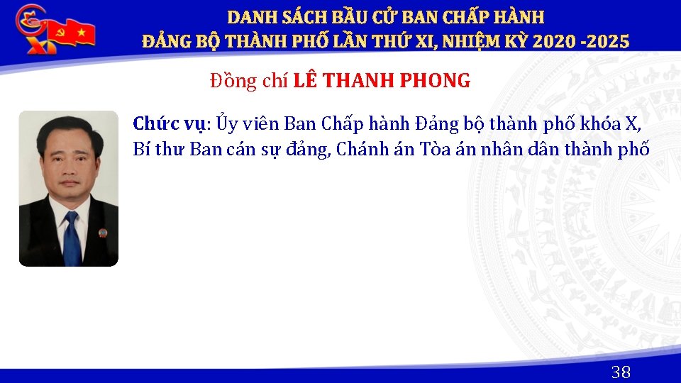 Đồng chí LÊ THANH PHONG Chức vụ: Ủy viên Ban Chấp hành Đảng bộ