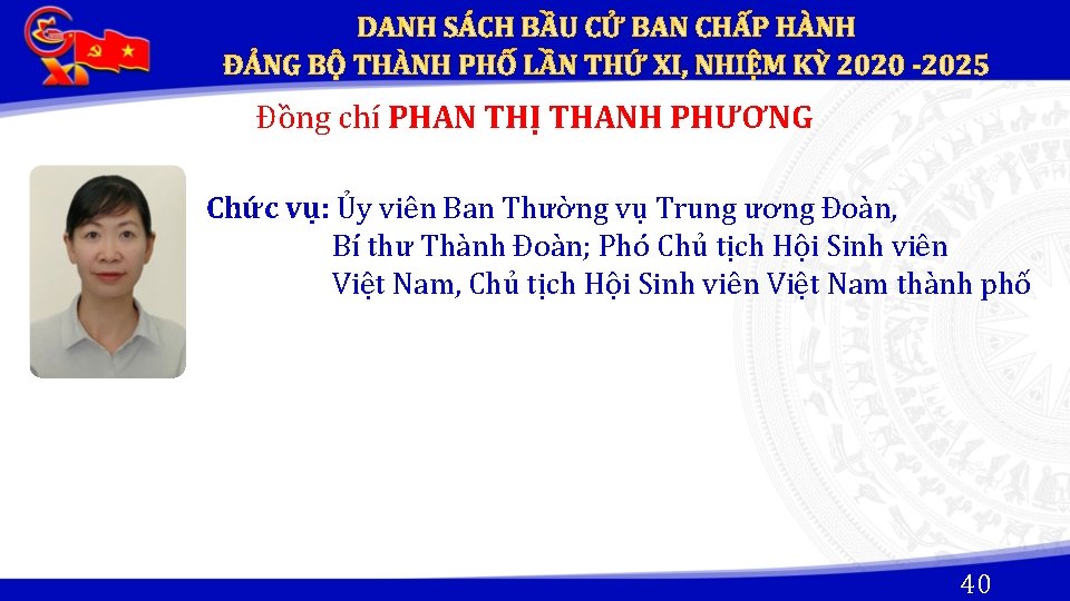 Đồng chí PHAN THỊ THANH PHƯƠNG Chức vụ: Ủy viên Ban Thường vụ Trung