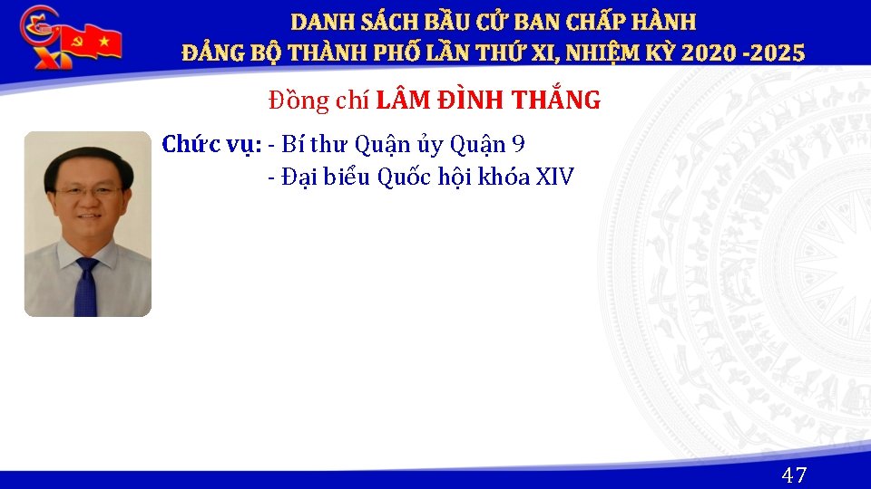 Đồng chí L M ĐÌNH THẮNG Chức vụ: - Bí thư Quận ủy Quận