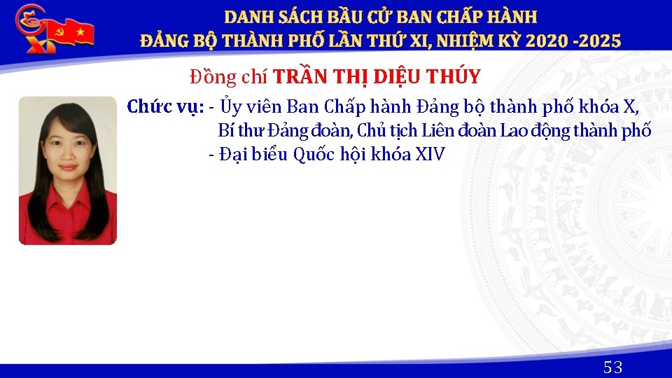 Đồng chí TRẦN THỊ DIỆU THÚY Chức vụ: - Ủy viên Ban Chấp hành