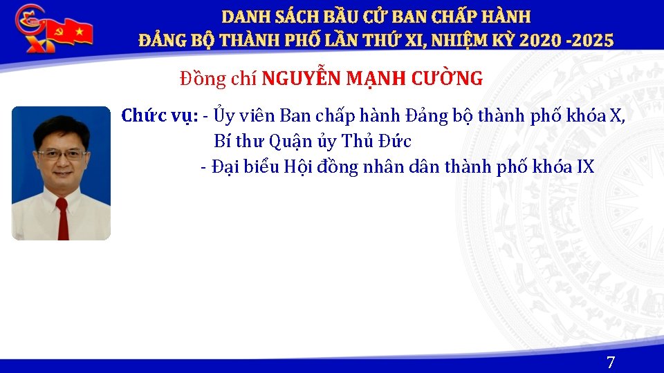 Đồng chí NGUYỄN MẠNH CƯỜNG Chức vụ: - Ủy viên Ban chấp hành Đảng