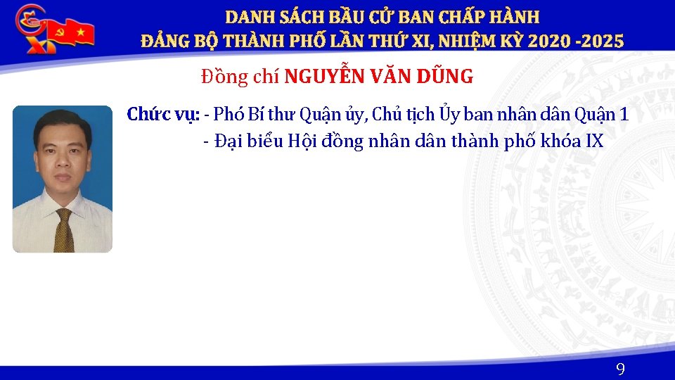 Đồng chí NGUYỄN VĂN DŨNG Chức vụ: - Phó Bí thư Quận ủy, Chủ