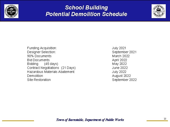 School Building Potential Demolition Schedule Funding Acquisition: Designer Selection: 90% Documents Bidding (45 days)