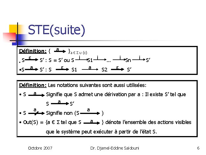 STE(suite) Définition: { a }a Є Σ υ {ε} ε i i S S’