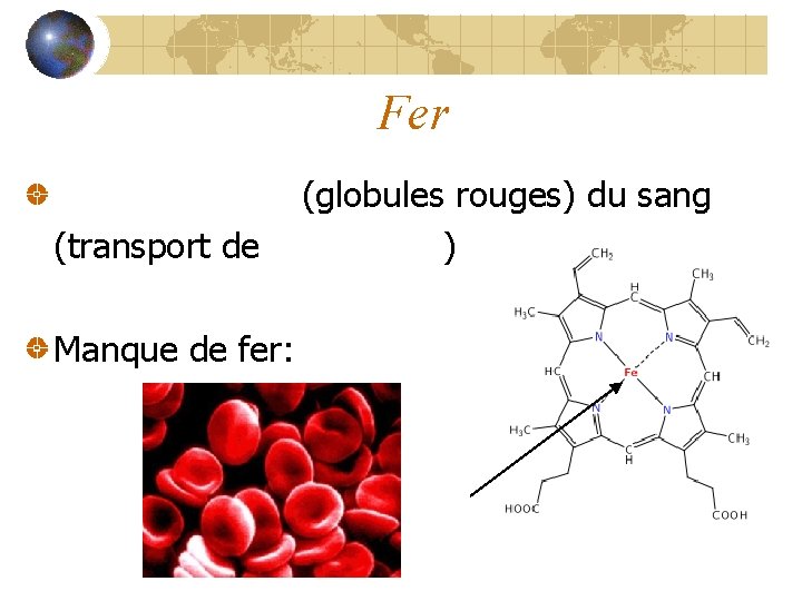 Fer Hémoglobine (globules rouges) du sang (transport de l’oxygène) Manque de fer: Anémie 