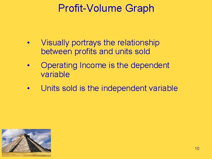 Profit-Volume Graph • Visually portrays the relationship between profits and units sold • Operating