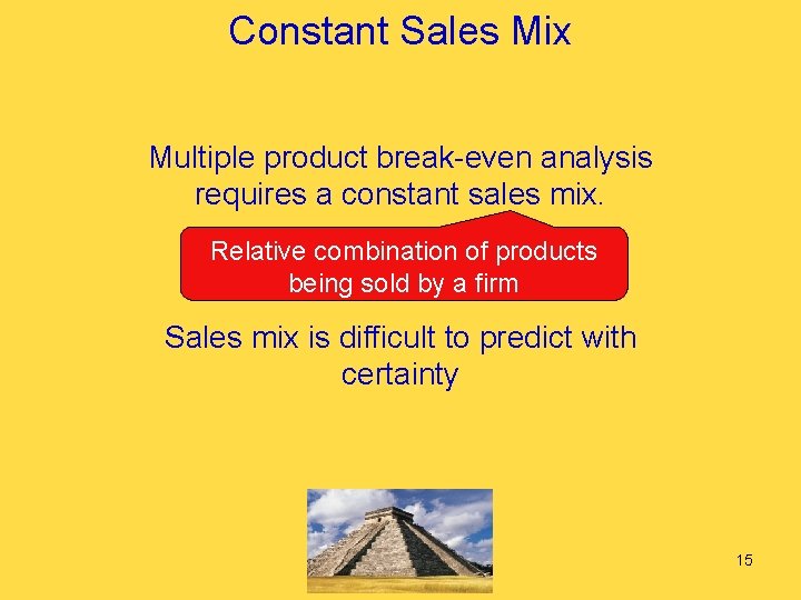Constant Sales Mix Multiple product break-even analysis requires a constant sales mix. Relative combination