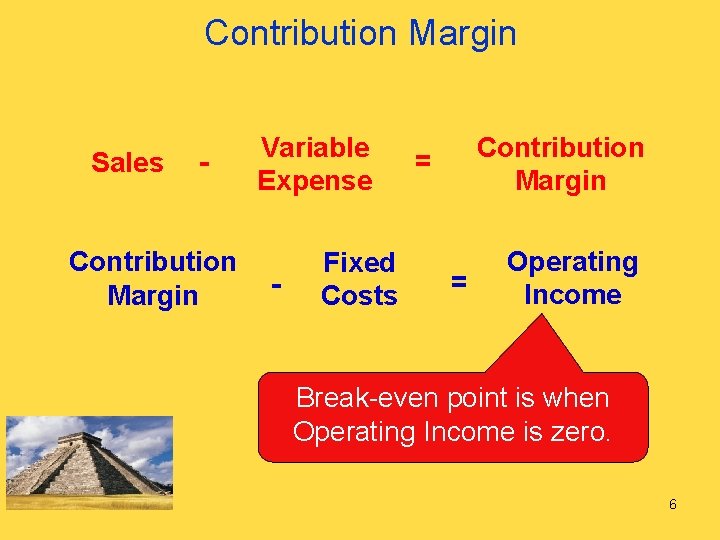 Contribution Margin Sales - Contribution Margin Variable Expense - Fixed Costs Contribution Margin =