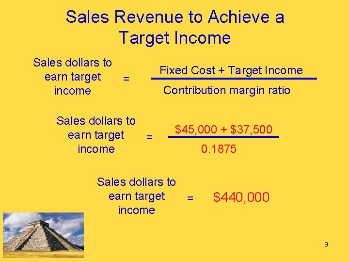 Sales Revenue to Achieve a Target Income Sales dollars to earn target = income