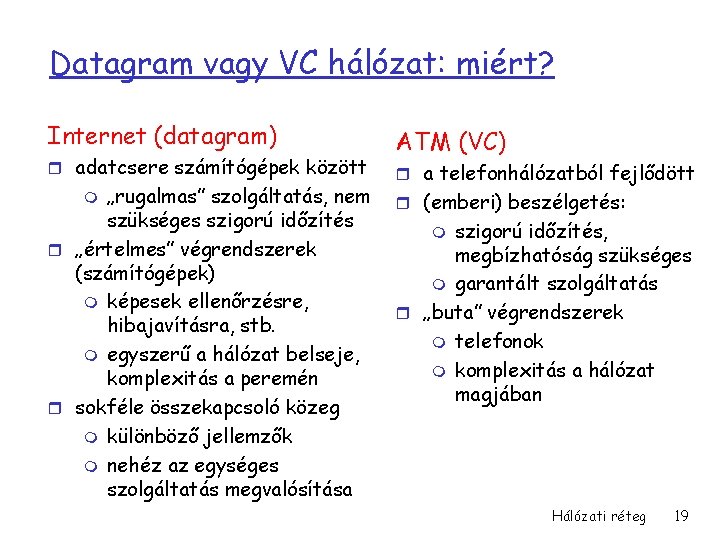 Datagram vagy VC hálózat: miért? Internet (datagram) r adatcsere számítógépek között „rugalmas” szolgáltatás, nem