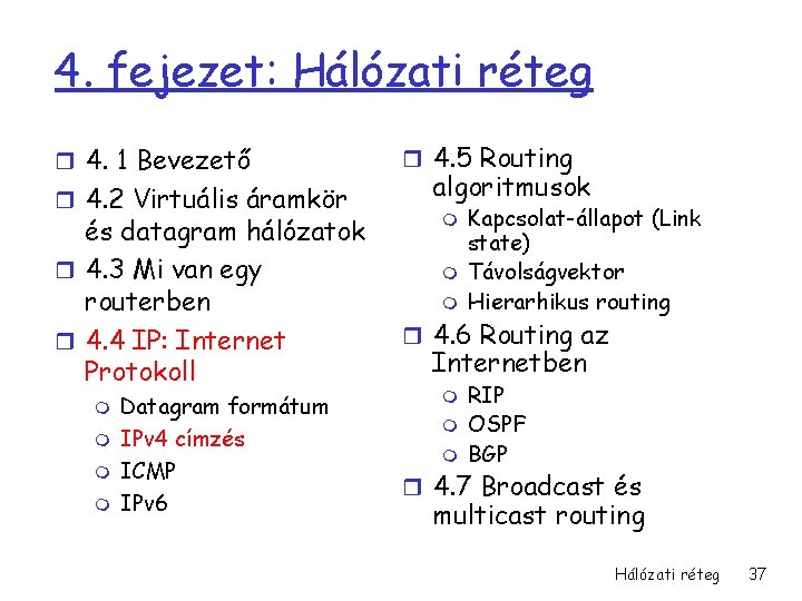 4. fejezet: Hálózati réteg r 4. 1 Bevezető r 4. 2 Virtuális áramkör és