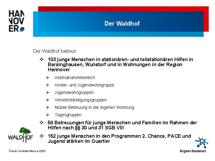Der Waldhof betreut: v 103 junge Menschen in stationären- und teilstationären Hilfen in Barsinghausen,