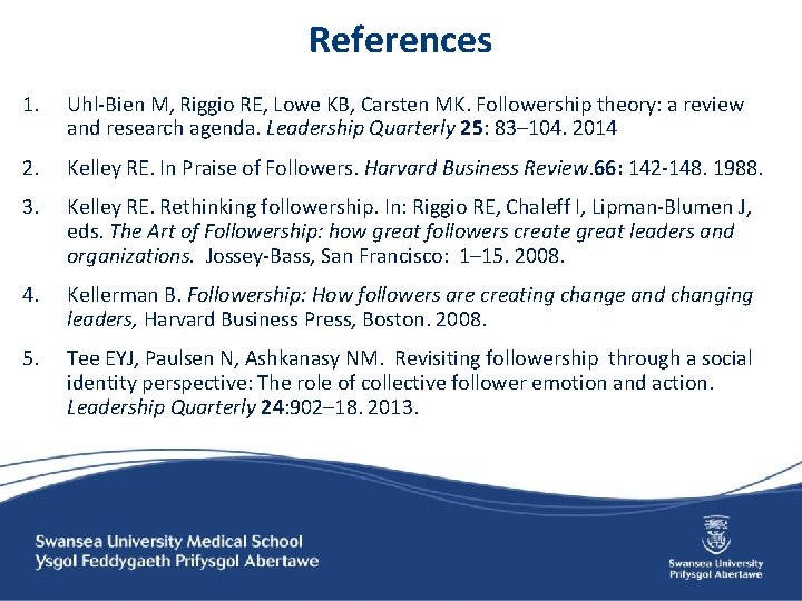 References 1. Uhl-Bien M, Riggio RE, Lowe KB, Carsten MK. Followership theory: a review