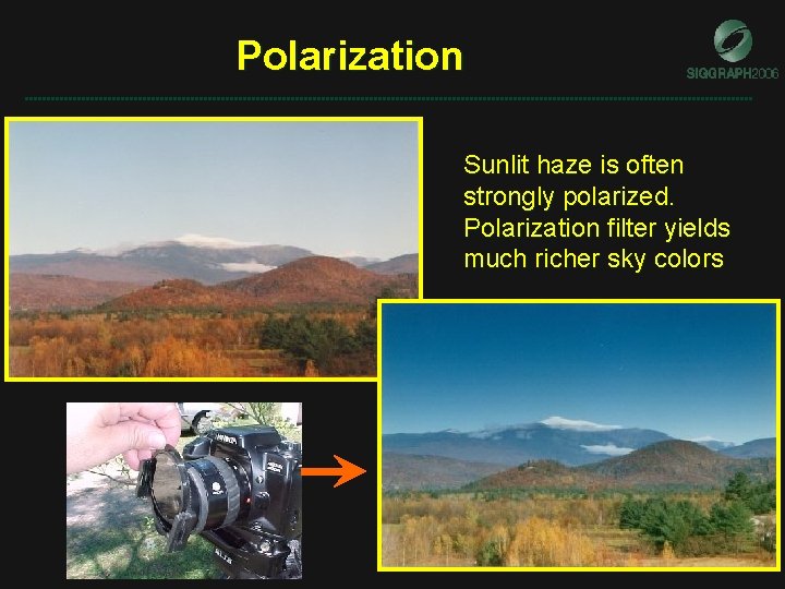 Polarization Sunlit haze is often strongly polarized. Polarization filter yields much richer sky colors Polarization Sunlit haze is often strongly polarized. Polarization filter yields much richer sky colors