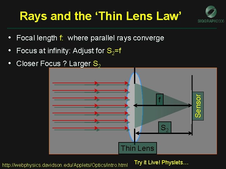 Rays and the ‘Thin Lens Law’ • Focal length f: where parallel rays converge Rays and the ‘Thin Lens Law’ • Focal length f: where parallel rays converge