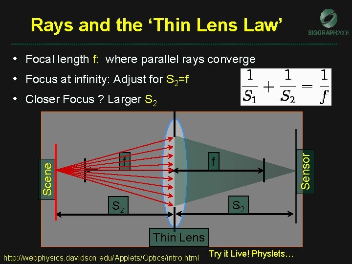 Rays and the ‘Thin Lens Law’ • Focal length f: where parallel rays converge Rays and the ‘Thin Lens Law’ • Focal length f: where parallel rays converge