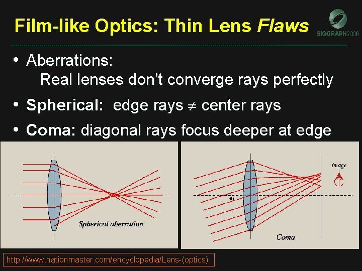 Film-like Optics: Thin Lens Flaws • Aberrations: Real lenses don’t converge rays perfectly • Film-like Optics: Thin Lens Flaws • Aberrations: Real lenses don’t converge rays perfectly •