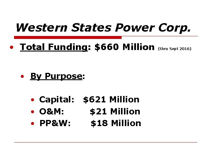 Western States Power Corp. • Total Funding: $660 Million • By Purpose: • Capital: