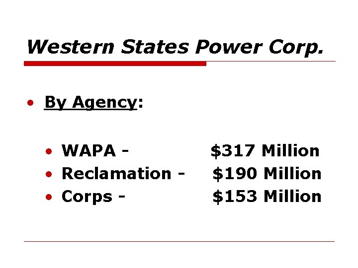 Western States Power Corp. • By Agency: • WAPA • Reclamation • Corps -