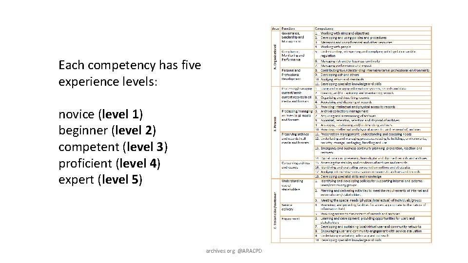 Each competency has five experience levels: novice (level 1) beginner (level 2) competent (level