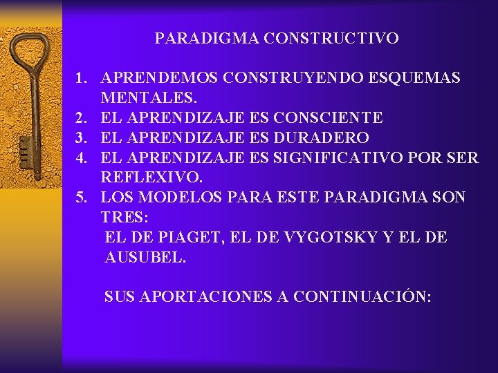 PARADIGMA CONSTRUCTIVO 1. APRENDEMOS CONSTRUYENDO ESQUEMAS MENTALES. 2. EL APRENDIZAJE ES CONSCIENTE 3. EL