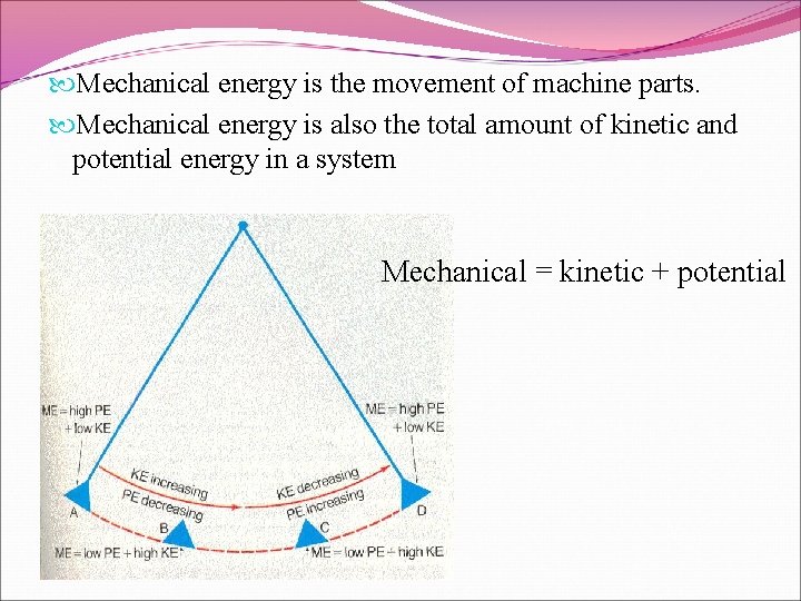  Mechanical energy is the movement of machine parts. Mechanical energy is also the