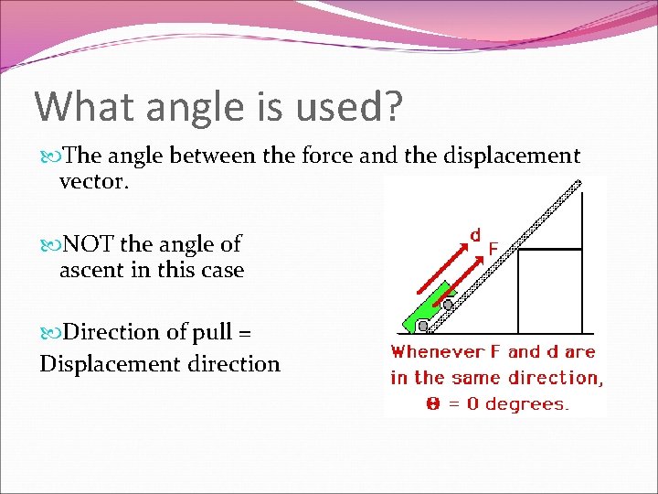 What angle is used? The angle between the force and the displacement vector. NOT