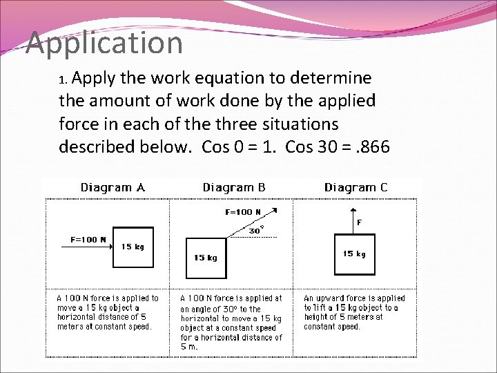 Application 1. Apply the work equation to determine the amount of work done by