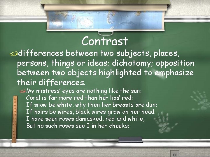 /differences Contrast between two subjects, places, persons, things or ideas; dichotomy; opposition between two