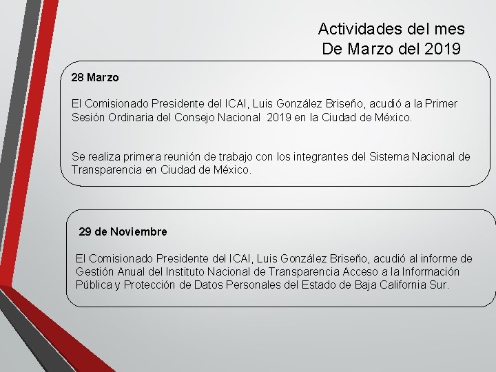 Actividades del mes De Marzo del 2019 28 Marzo El Comisionado Presidente del ICAI,