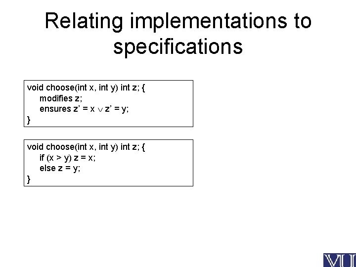 Relating implementations to specifications void choose(int x, int y) int z; { modifies z;