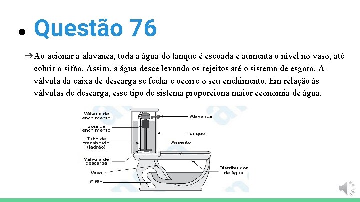 ● Questão 76 ➔Ao acionar a alavanca, toda a água do tanque é escoada