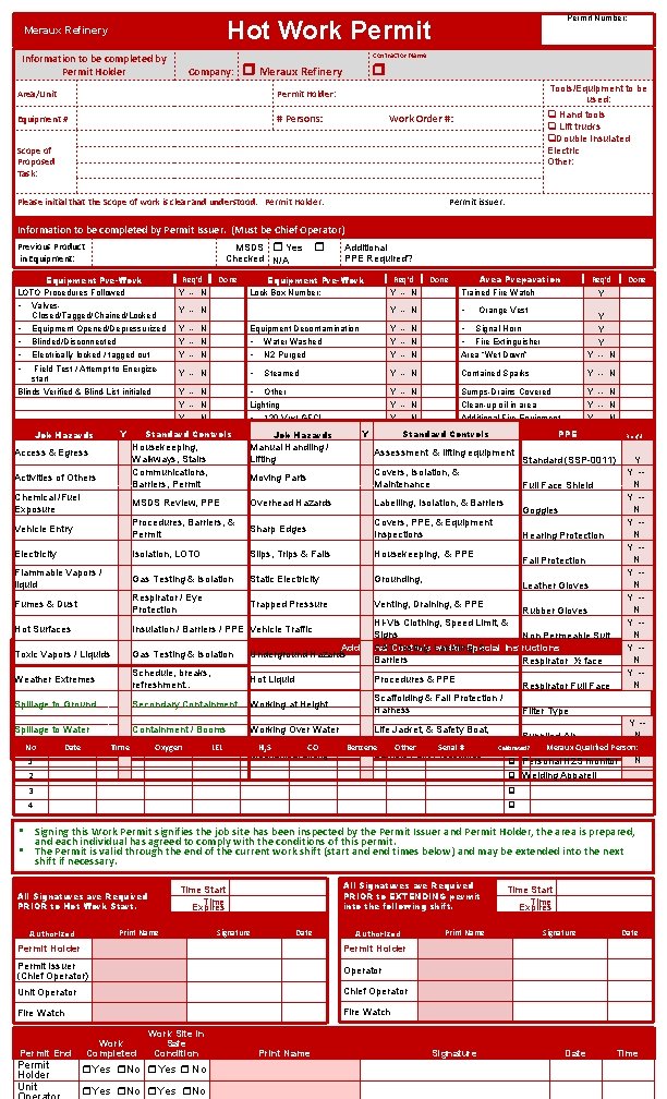 Permit Number: Hot Work Permit Meraux Refinery Contractor Name Information to be completed by