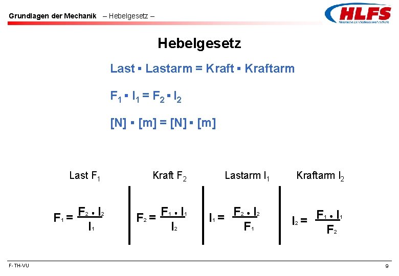Grundlagen der Mechanik – Hebelgesetz Last ▪ Lastarm = Kraft ▪ Kraftarm F 1