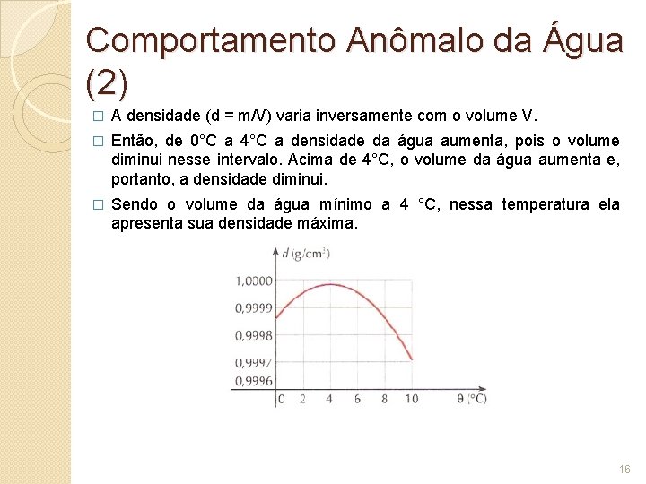 Comportamento Anômalo da Água (2) � A densidade (d = m/V) varia inversamente com