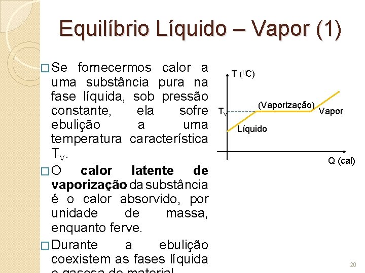 Equilíbrio Líquido – Vapor (1) � Se fornecermos calor a uma substância pura na